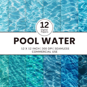 Puede incluir: Un paquete de papeles digitales con 12 patrones sin costuras de agua de piscina azul. El paquete incluye imágenes de 30,5 x 30,5 cm a 300 DPI y es para uso comercial.