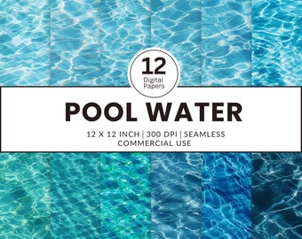 12 Pool Water Digital Papers, Seamless Patterns, 12x12, Pool surface shimmering textures ripples blue aqua turquoise green dark marine