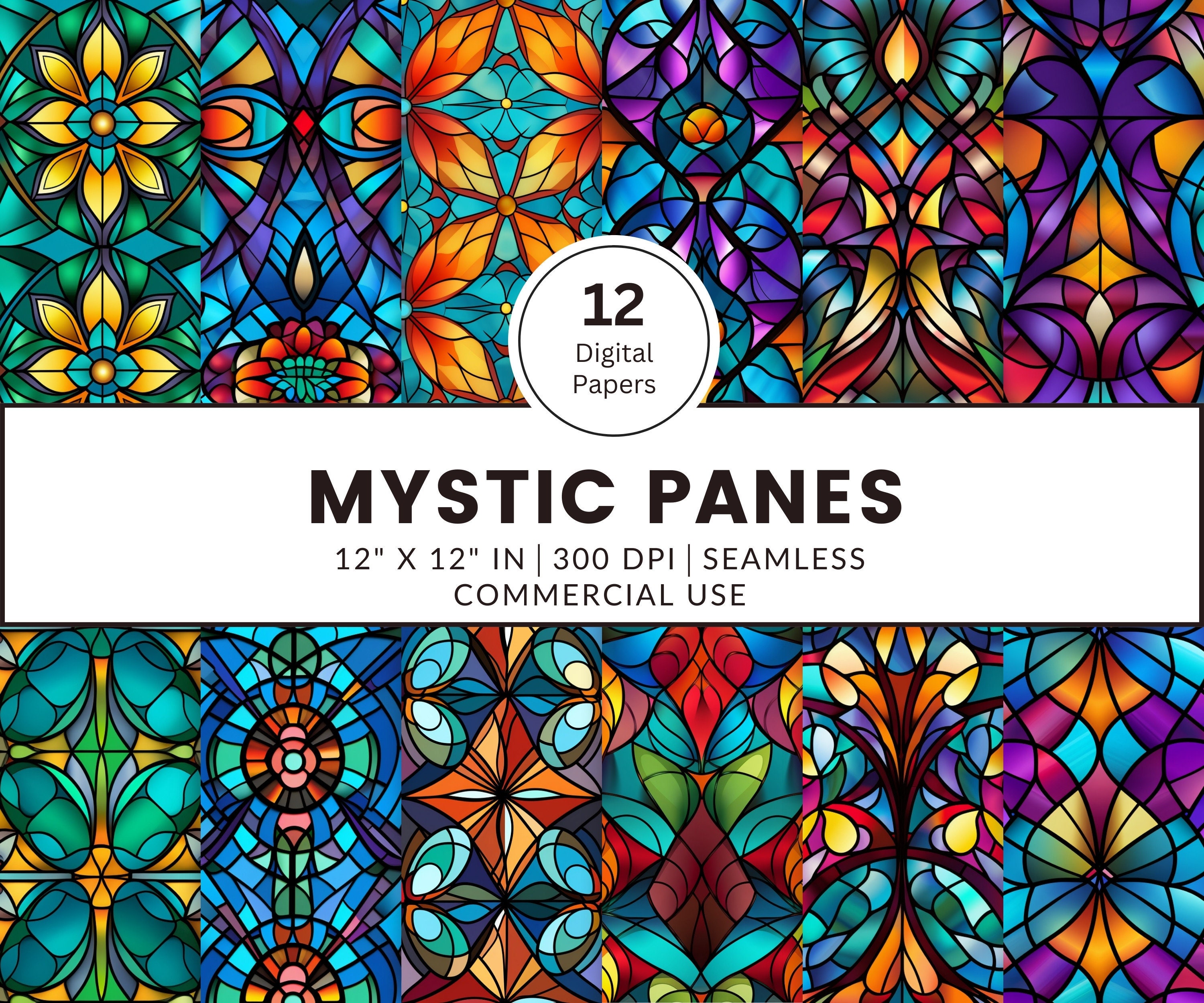 12 Mystic Panes Digital Papers, Seamless Patterns, 12x12, High definition realistic images of stained glass in jewel tones backdrop colorful