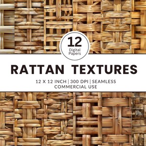 May include: Twelve seamless digital papers featuring a woven rattan texture in shades of brown. Each paper is 12 inches by 12 inches and 300 DPI. Rattan Textures.