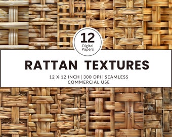 12 Rattan Textures Digital Papers, Seamless Patterns, 12x12, Realistic images hand woven furniture chair rustic primitive hut wicker seat