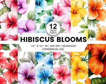 12 Hibiscus Blooms Digital Papers, Seamless Patterns, 12x12, Watercolor images textures of Hibiscus flowers in full bloom pink yellow purple