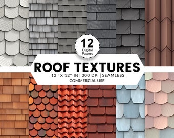 12 Roof Textures Digital Papers, Seamless Patterns, 12x12, Realistic images various roof shingles terracotta wood metal asphalt dollhouse