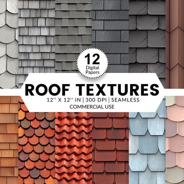 12 Roof Textures Digital Papers, Seamless Patterns, 12x12, Realistic images various roof shingles terracotta wood metal asphalt dollhouse