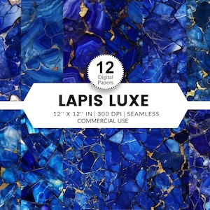 May include: Twelve digital papers featuring a seamless pattern of blue and gold lapis lazuli stone. The papers are 12 inches by 12 inches and 300 DPI.