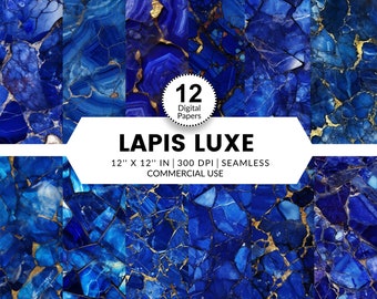 12 Lapis Luxe Digital Papers, Seamless Patterns, 12x12, Realistic images of Lapis Lazuli gemstone in deep blue tones with gold veining