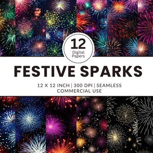12 papeles digitales con chispas festivas, patrones sin costuras, 12 x 12, imágenes realistas de coloridos fuegos artificiales en el cielo nocturno durante las festividades del festival.