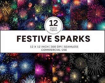 12 Festive Sparks Digital Papers, Seamless Patterns, 12x12, Realistic images of colorful fireworks in the night sky festival festivities