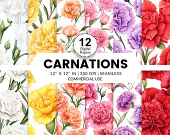 12 Carnation Blooms Digital Papers, Seamless Patterns, 12x12, Watercolor images textures of Carnation flowers in full bloom pink red yellow