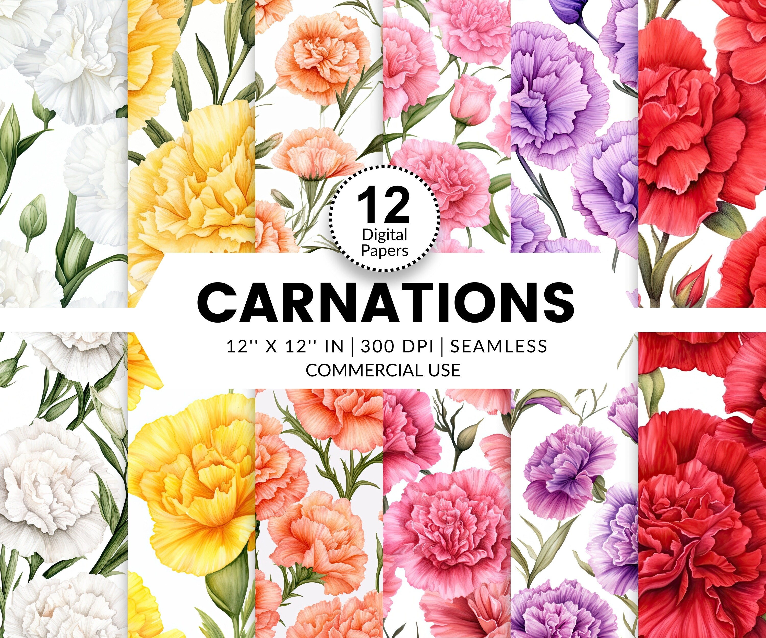 12 Carnation Blooms Digital Papers, Seamless Patterns, 12x12 ...