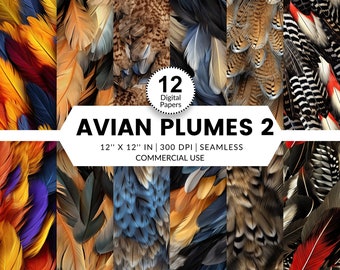 12 Avian Plumes 2 Digital Papers, Seamless Patterns, 12x12 Realistic 3D images textures of beautiful colorful bird feathers exotic colorful