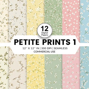 12 Petite Prints 1 Digitale Papiere, nahtlose Muster, 30x30,5 cm, Aquarell Bilder mit Texturen kleine Blumen auf pastellfarbener Tapete im Puppenhaus