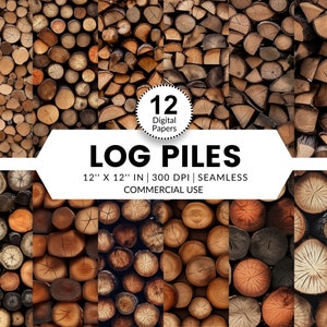 Può includere: Dodici carte digitali con motivi senza cuciture di tronchi di legno impilati in varie tonalità di marrone. Le carte misurano 30,5 cm per 30,5 cm e 300 DPI. Il testo "LOG PILES" è visualizzato in bianco su sfondo nero.