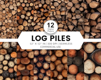 12 Log Piles Digital Papers, Seamless Patterns, 12x12, Realistic 3D images of stacked wood logs firewood chopped timber cut mounds stacks