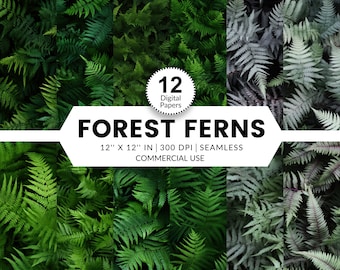 12 Forest Ferns Digital Papers, Seamless Patterns, 12x12, Realistic 3D images of green and grey ferns Japanese Painted small large fronds