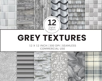 12 Grey Textures Digital Papers, Seamless Patterns, 12x12, Realistic images roof siding leather tile fabric wallpaper floor for dollhouse