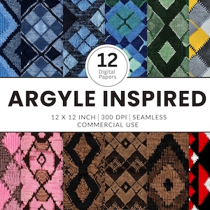 12 von Argyle inspirierte digitale Papiere, nahtlose Muster, 12x12, realistische Texturen vom Typ Rautenmuster strickt Socken Pullover Pullover fein gewebte Wolle