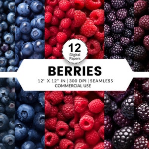 May include: Twelve digital papers featuring close-up images of blueberries, raspberries, and blackberries. The papers are 12 inches by 12 inches and 300 DPI. They are seamless and for commercial use.