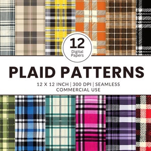12 Plaid Patterns Digitale Papiere, Nahtlose Muster, 12x12, Realistische Bilder Texturen Tartan Wolle Baumwolle Braun Grün Rot Schwarz Grau Rot
