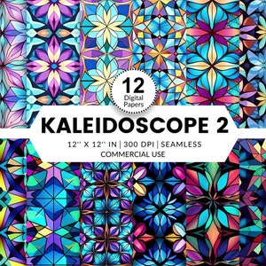 May include: Twelve digital papers with kaleidoscope patterns in vibrant colors, including blue, purple, yellow, and red. The papers are 12 inches by 12 inches and 300 DPI. They are seamless and for commercial use.