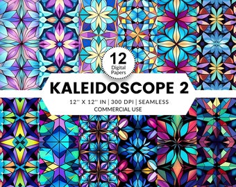 12 Kaleidoscope 2 Digital Papers, Seamless Patterns, 12x12, Colorful stylistic images in jewel colors for back drops and crafts