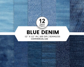 Könnte beinhalten: Zwölf digitale Papiere mit verschiedenen blauen Denim-Texturen. Jedes Papier ist 30,48 cm x 30,48 cm groß und hat 300 DPI. Die Papiere sind nahtlos und für kommerzielle Zwecke geeignet.