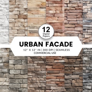 May include: A collection of 12 digital papers featuring various stone wall textures. The papers are 12 x 12 inches and suitable for commercial use. The image includes the text "URBAN FACADE".