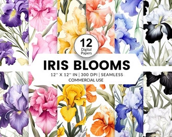 12 Iris Blooms Digital Papers, Seamless Patterns, 12x12, Watercolor images textures of Iris flowers in full bloom pink yellow purple blue