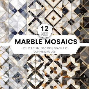 May include: Twelve digital papers featuring seamless patterns of black, white, and gold marble mosaics. Each pattern is 30.48 cm by 30.48 cm and 300 DPI.