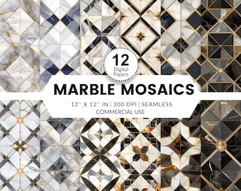 12 Marble Mosaics Digital Papers, Seamless Patterns, 12x12, Realistic images of intricate marble inlay flooring ornate black white gold lux