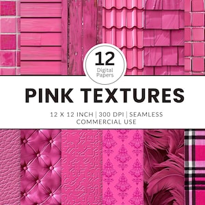 May include: A digital paper pack with 12 pink textures. The textures include a variety of patterns, such as tile, wood, leather, and plaid. The pack is 12 inches by 12 inches and 300 DPI. It is seamless and for commercial use.