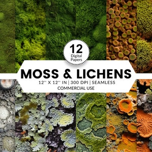 May include: Twelve digital papers featuring close-up images of green moss and orange lichen. The papers are 12 inches by 12 inches and 300 DPI. They are seamless and for commercial use.