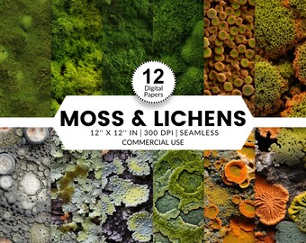 12 Moss & Lichens Digital Papers, Seamless Patterns, 12x12, Realistic images textures of types of color rich natural moss and lichens poster