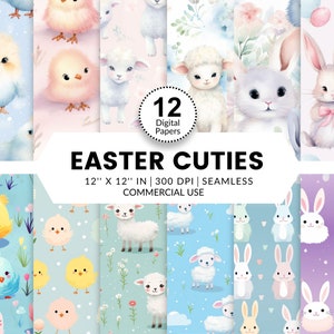 12 Oster Cuties Digitale Papiere, Nahtlose Muster, 12x12, verschiedene Aquarell und Vektor Bilder von niedlichen pastellfarbenen Baby Tieren, Lämmern, Kücken, Hasen