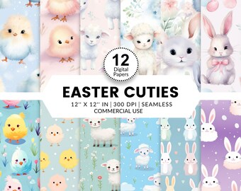 12 Easter Cuties Digital Papers, Seamless Patterns, 12x12, Watercolor and vector images of cute pastel baby animals, lambs, chicks, bunnies