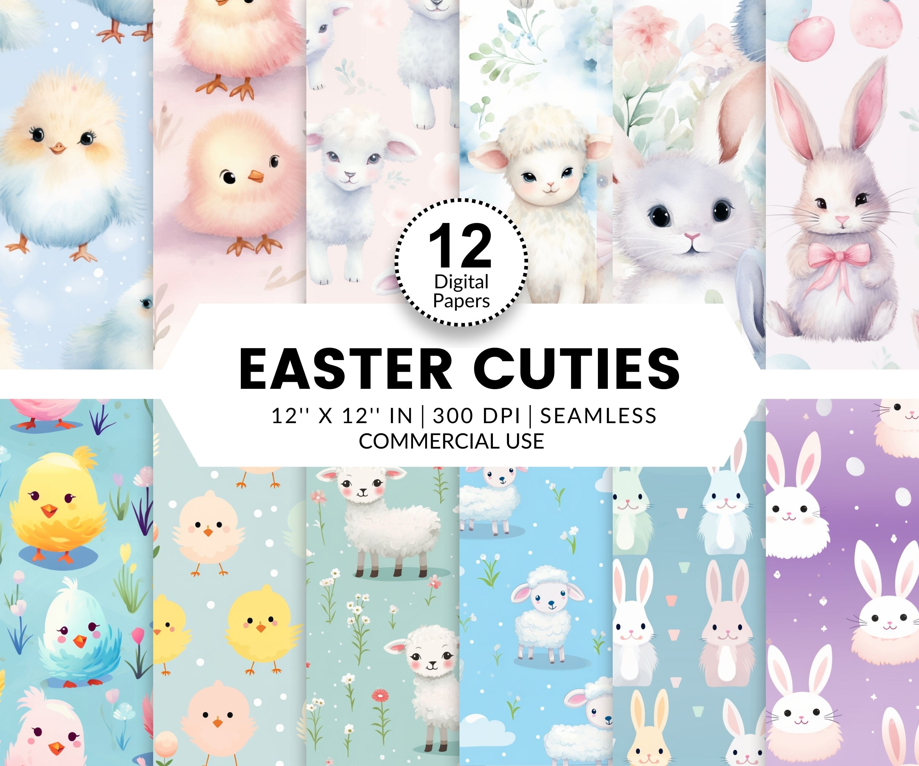 12 Easter Cuties Digital Papers, Seamless Patterns, 12x12, Watercolor ...