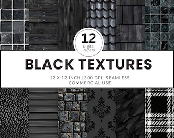12 Black Textures Digital Papers, Seamless Patterns, 12x12, Realistic images roof siding leather tile fabric wallpaper floor ebony dollhouse