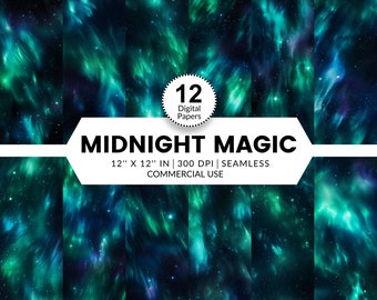 12 Midnight Magic Digital Papers, Seamless Patterns, 12x12, Aurora Borealis in the night sky, Northern Lights, Artic Circle Shimmering Glow