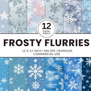 12 Frosty Flurries digitaal papier, naadloze patronen, 12 x 12, sneeuwvlokken texturen afbeeldingen zilverachtig ijzig mooie macro blauw witte sneeuwvlokken