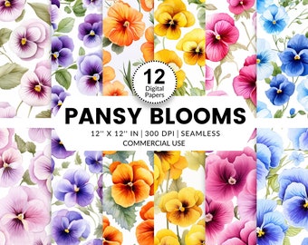 12 Pansy Blooms Digital Papers, Seamless Patterns, 12x12, Watercolor images textures of Pansy flowers in full bloom pink yellow purple blue