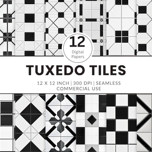 Może przedstawiać: Dwunastu cyfrowych papierów z czarno-białymi geometrycznymi wzorami płytek. Wzory są bezszwowe i mają wymiary 30,48 cm na 30,48 cm. Tekst "TUXEDO TILES" jest wyświetlany w białym prostokącie w środku obrazu.