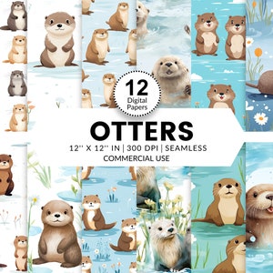 12枚のカワウソのデジタルペーパー、シームレスなパターン、12x12、水彩画の画像テクスチャ、かわいい遊び心のあるカワウソの壁紙の背景、工芸品