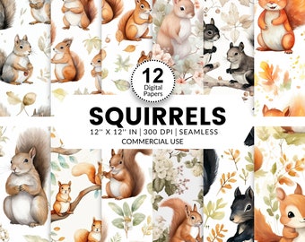 12 Squirrels Digital Papers, Seamless Patterns, 12x12, Watercolor images textures of cute squirrels brown black grey cartoon style for craft