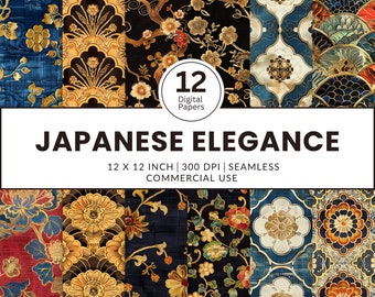 Puede incluir: Un conjunto de 12 papeles digitales con patrones de inspiración japonesa en dorado, azul y rojo sobre un fondo negro. Los papeles miden 30,48 cm por 30,48 cm y 300 DPI. Son sin costuras y para uso comercial.