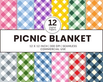 12 Picnic Blanket Digital Papers, Seamless Patterns, 12x12, checkered fabric repeating designs purple pink yellow green blue orange red grey