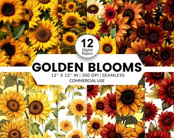 12 Golden Blooms Digital Papers, Seamless Patterns, 12x12, Realistic images of sunflowers photo quality watercolor drawings background craft