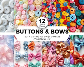 12 Buttons & Bows Digital Papers, Seamless Patterns, 12x12, Realistic 3D images of buttons and fabric ribbon bows multi-color pastels satin