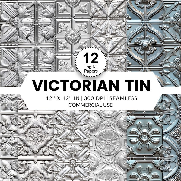 12 papiers numériques en étain de l'époque victorienne, motifs sans couture, 12 x 12, motifs de plafonds en étain pour maisons de poupée, fonds d'écran artisanaux argentés et patinés