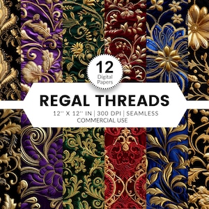 Pode incluir: Doze papéis digitais com desenhos florais dourados sobre fundos coloridos. Os papéis medem 30,48 cm x 30,48 cm e são adequados para uso comercial. O texto "REGAL THREADS" é exibido.
