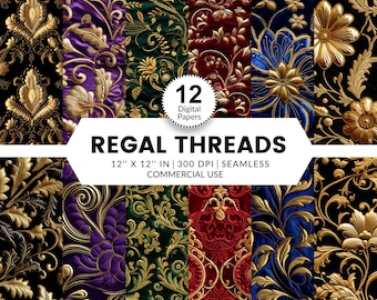 12 Regal Threads Digital Papers, Seamless Patterns, 12x12, Golden embroidery on velvet fabric for royalty, detailed stitchery, gold threads
